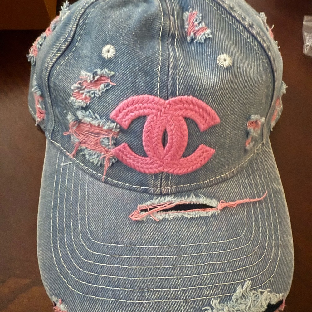 Brand new upcycled CHANEL Blue Denim Cap with Pink Logo